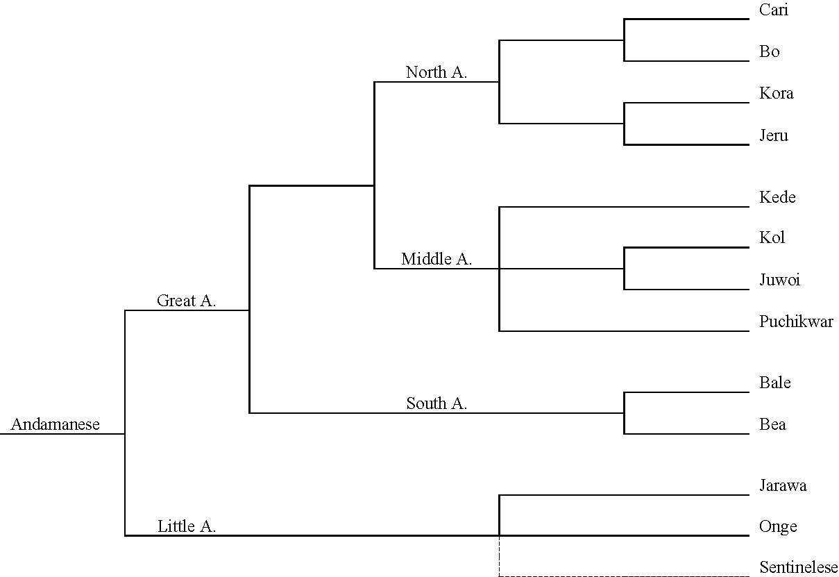 Tree-diagram 1: Manoharan (1983) classification of Andamanese languages showing Great Andamanese (North A., Middle A., South A.) and Little Andamanese (Jarawa, Onge, Sentinelese)
