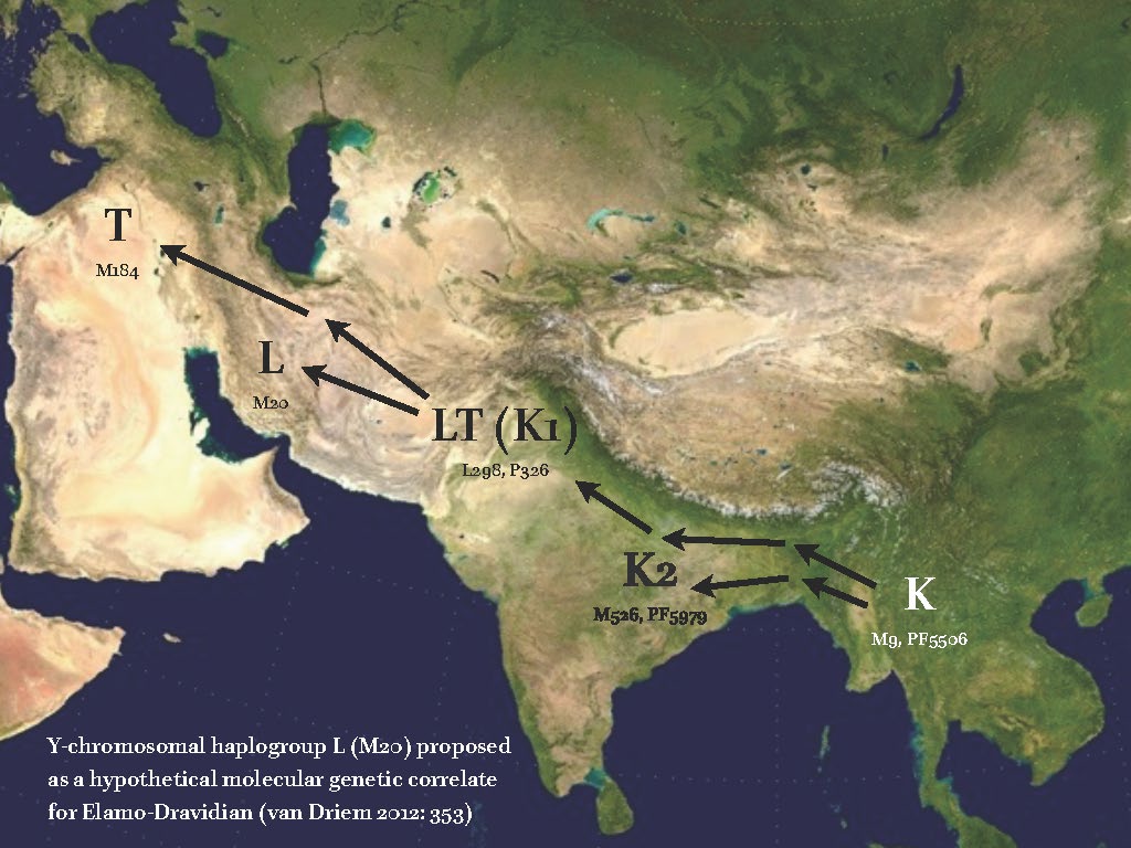 Map showing Y-chromosomal clade K (M9) splitting into K1 (LT) and K2, with L and T lineages marked across the Indian subcontinent region