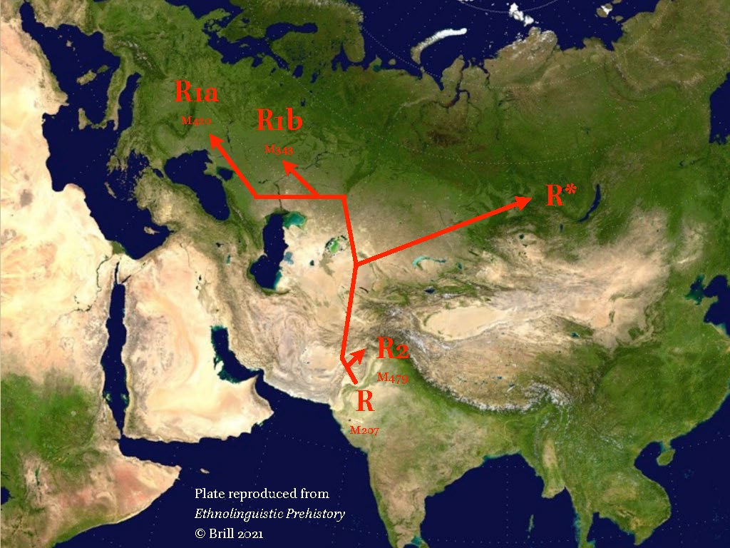 Map showing Y-chromosomal clade R (M207) giving rise to subclades R1a, R1b, and R2 across Eurasia