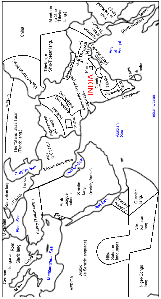 Contemporary linguistic map of India and surrounding countries, showing the locations of Dravidian languages (Tamil, Telugu, Kannada, Malayalam, Gondi, Kurux, Malto, Brahui) and neighbouring language families.
